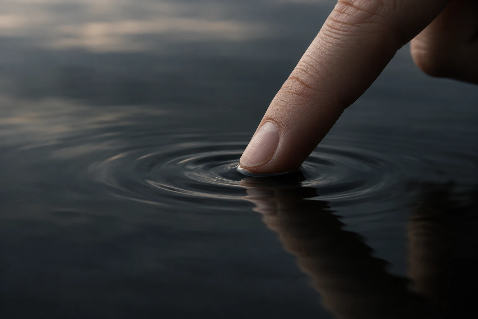 A fingertip touches still water, sending delicate ripples across its surface.